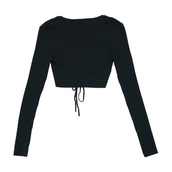 Zara Ribbed Cropped Top Tie Front Long Sleeve‎ V-Neck Raw Hem Black Size Small - Picture 2 of 4